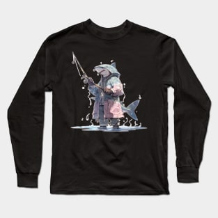 Anime Shark Fishing with a Broken Pole Long Sleeve T-Shirt